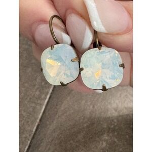 Liz Palacios Swarovski Milky Crystal Cushion Cut Earrings Antiqued Brass Finish